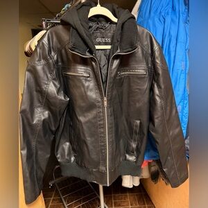 Vintage Guess Faux-Leather Black Motorcycle Jacket Mens Large Hood and Bib $225